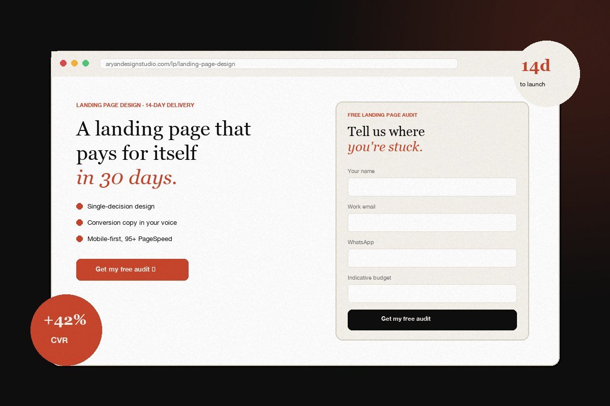 High-converting landing page design mockup with form, hero copy, +42% CVR badge — by Aryan Design Studio